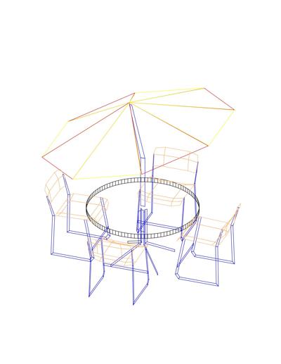 Mesa para jardim com cadeiras e guarda-sol (sombreiro).