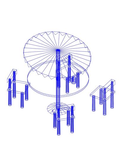 Mesa de jardim redonda com 4 cadeiras e guarda-sol em 3D.