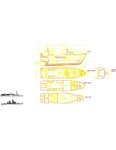 Navios em vista e barco pesqueiro com corte e plantas dos compartimentos.