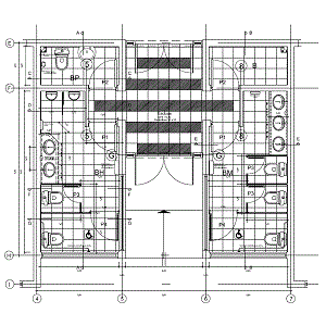 Banheiro público, masculino e feminino, detalhado.