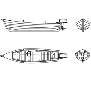 Barco de madeira com motor de popa.