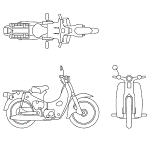 Bloco com uma moto Honda 50 cc em vista superior, frontal e lateral.