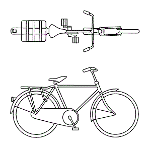 Bloco com bicicleta masculina com bagageiro em vista lateral e superior.