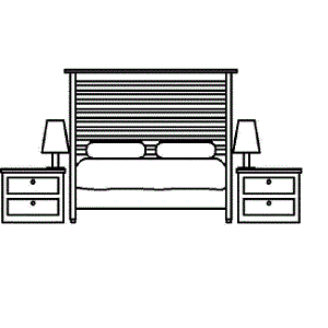 Double bed of 1.50 x 1.95 m with bid&ecirc;s and lamps in front view.