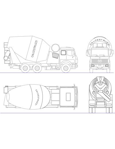 Truck with concrete mixer in plan and views.