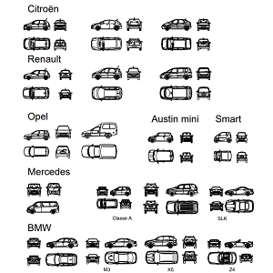 Carros Citroën, Renault, Mercedes, BMW, Opel, Austin, Smart, em vistas.