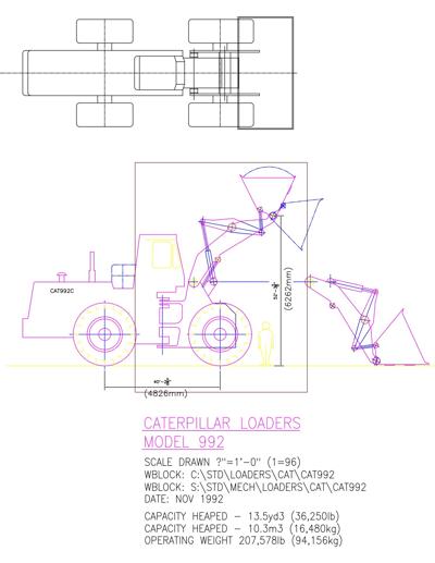 Caterpillar loader model 992 in plan and view.