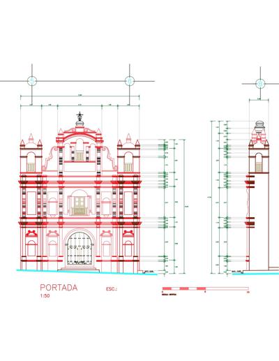 Igreja com fachada e corte detalhados.