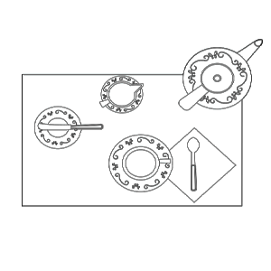 Conjunto para caf&eacute; com x&iacute;cara, pires, bule, faca e colher.