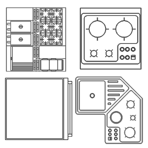 Blocos com equipamentos para cozinhas.