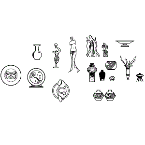 Estátuas (estatuetas), vasos, pratos, potes, para decoração.