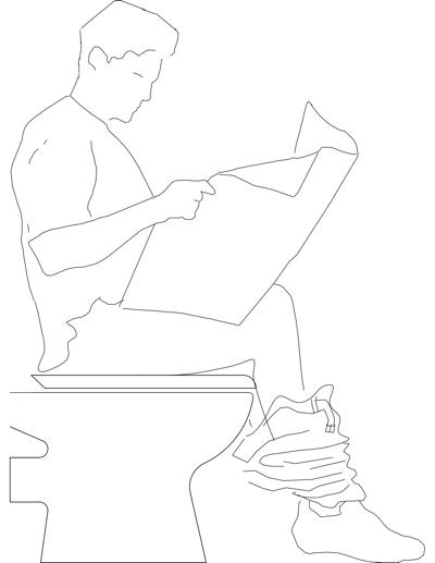 Homem lendo jornal sentado em vaso sanit&aacute;rio, em vista lateral.