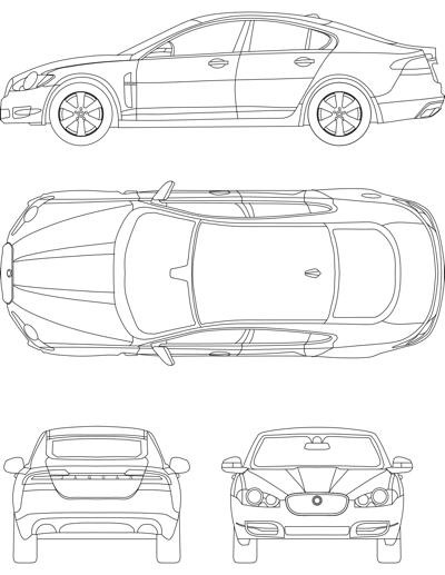 Jaguar XF em vista lateral, frontal, r&eacute; e superior.