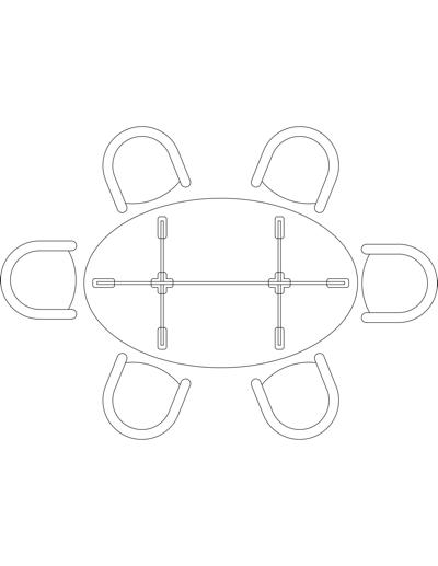 Mesa oval com tampo de vidro e poltronas para 6 lugares, em planta.