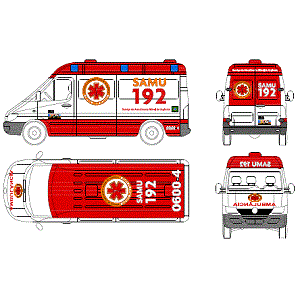 Ambul&acirc;ncia - SAMU 192, com equipamentos para primeiros socorros em planta e vistas. 