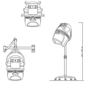 Professional hair dryer with column and feet of rollers.