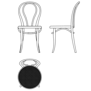 Thonet chair # 18, 1876 design, floor plan, front and side views.