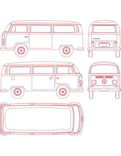 Volkswagen Kombi, utilitário, em vistas laterais, frontal, ré e superior.