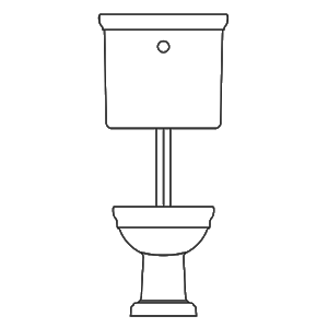 Bacia sanit&aacute;ria com caixa de descarga externa superior em vista frontal.